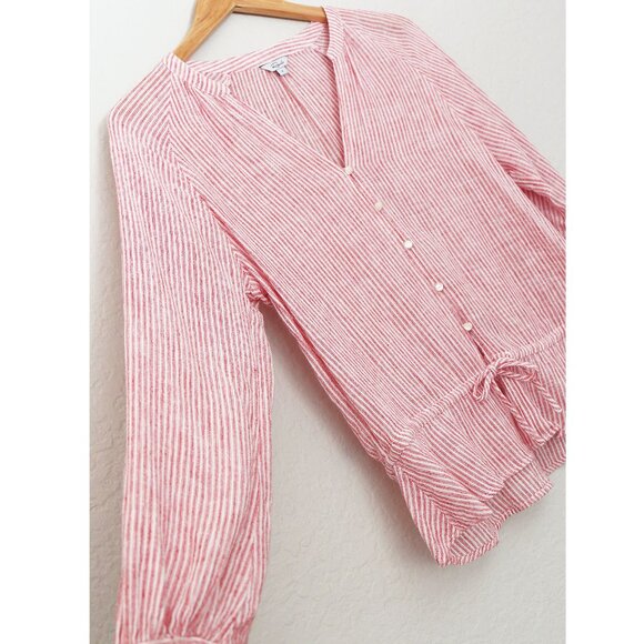 Rails Marti Scarlet Stripe Blouse S Linen Blend V Neck Tie Waist Coastal $158 - Picture 10 of 15